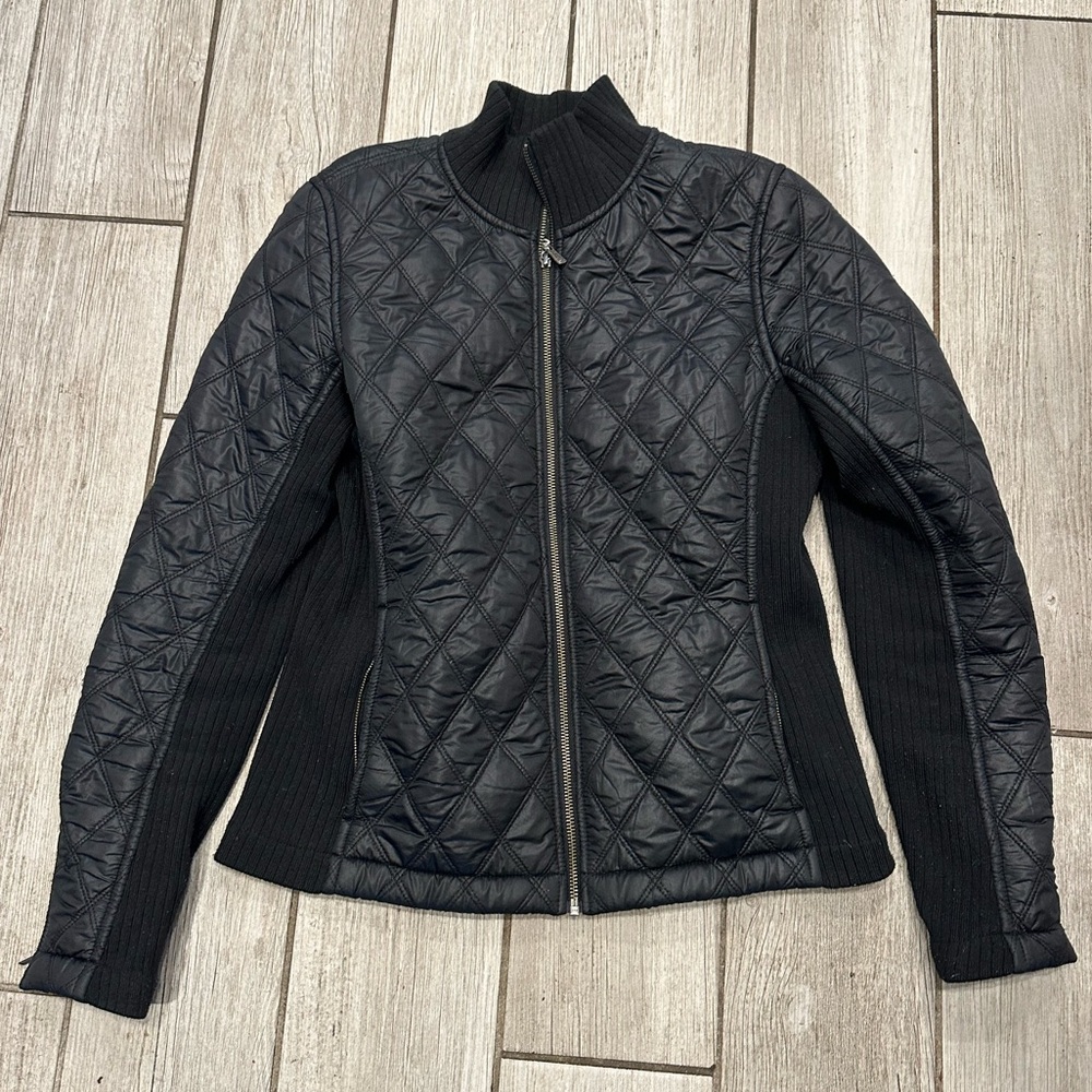 prAna Bomber Jacket Women's Quilted Black Sherpa Lined Moto Jacket